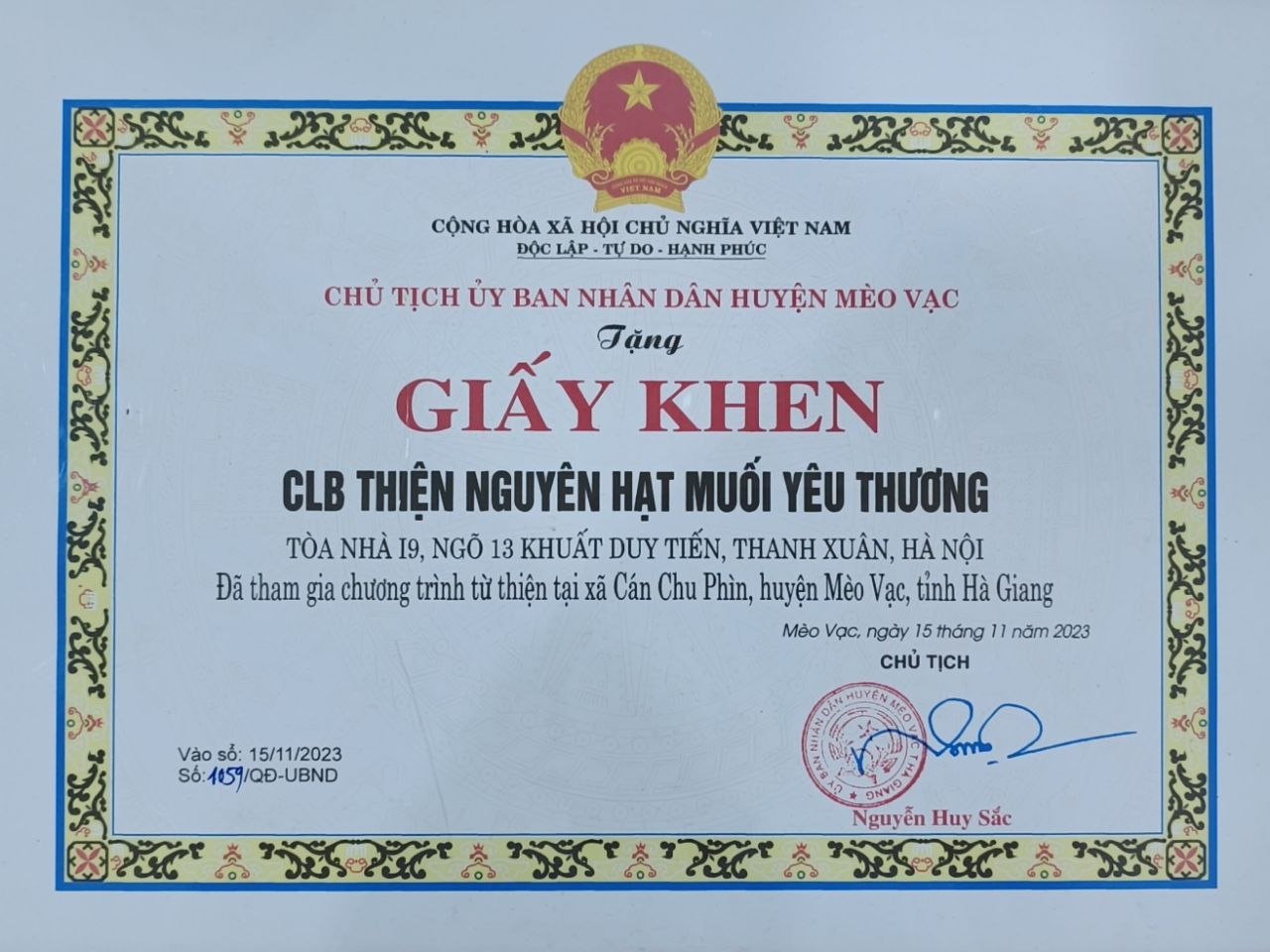 Giấy khen UBND Huyện Mèo Vạc